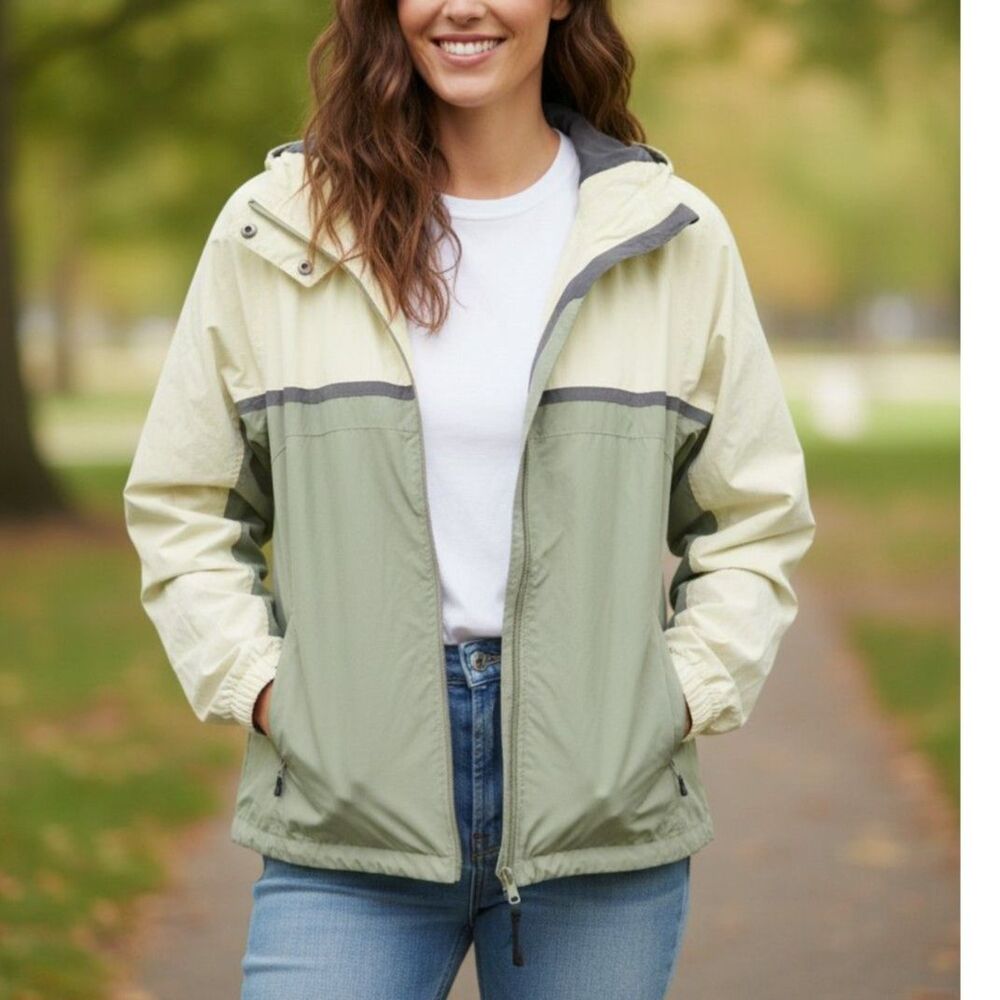 Columbia Womens Colorblock Windbreaker Jacket Cream Green Grey Size M‎